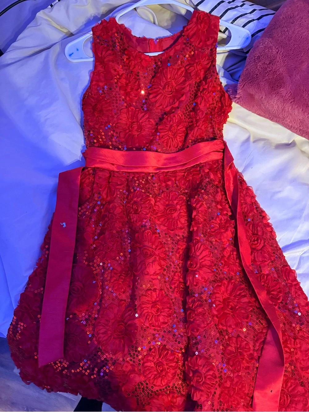 Rare Editions Red Floral Sequin Dress with Satin Sash